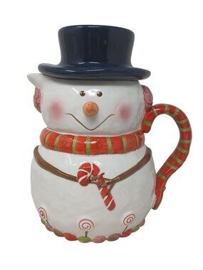 Studio Nova Whimsical Snowman Pitcher Ceramic Red & White  Candy Cane Accent WS5